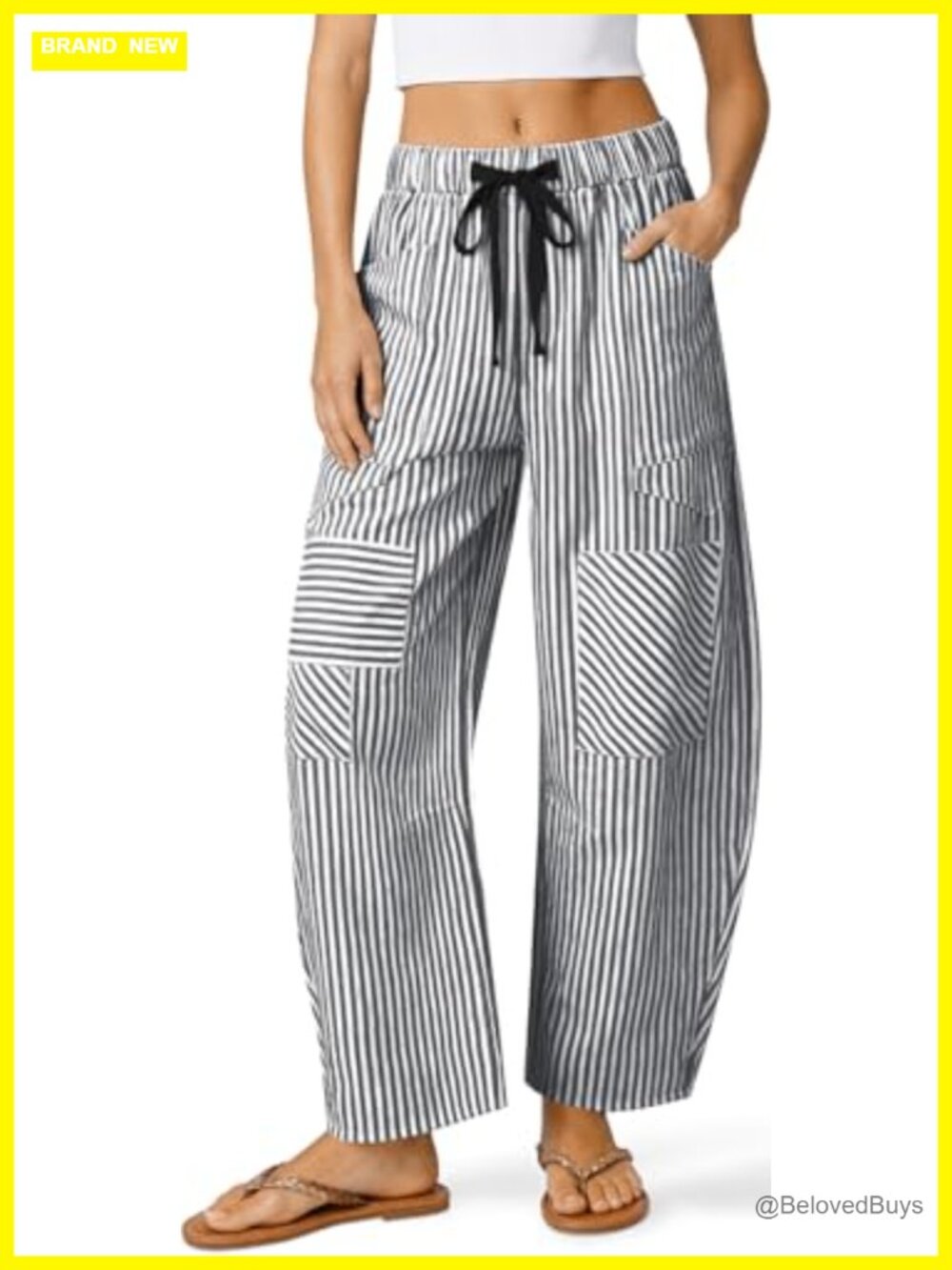Linen Blend Barrel Pants Patchwork Striped Wide Leg Drawstring Pocket